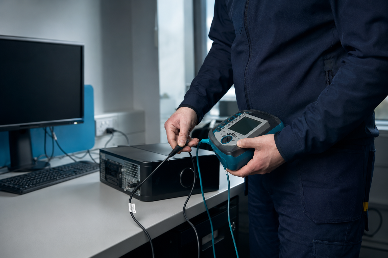 JF Electrical PAT testing technician using professional testing equipment in office