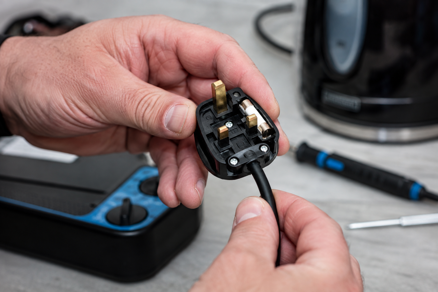 Close-up plug inspection during PAT testing by JF Electrical