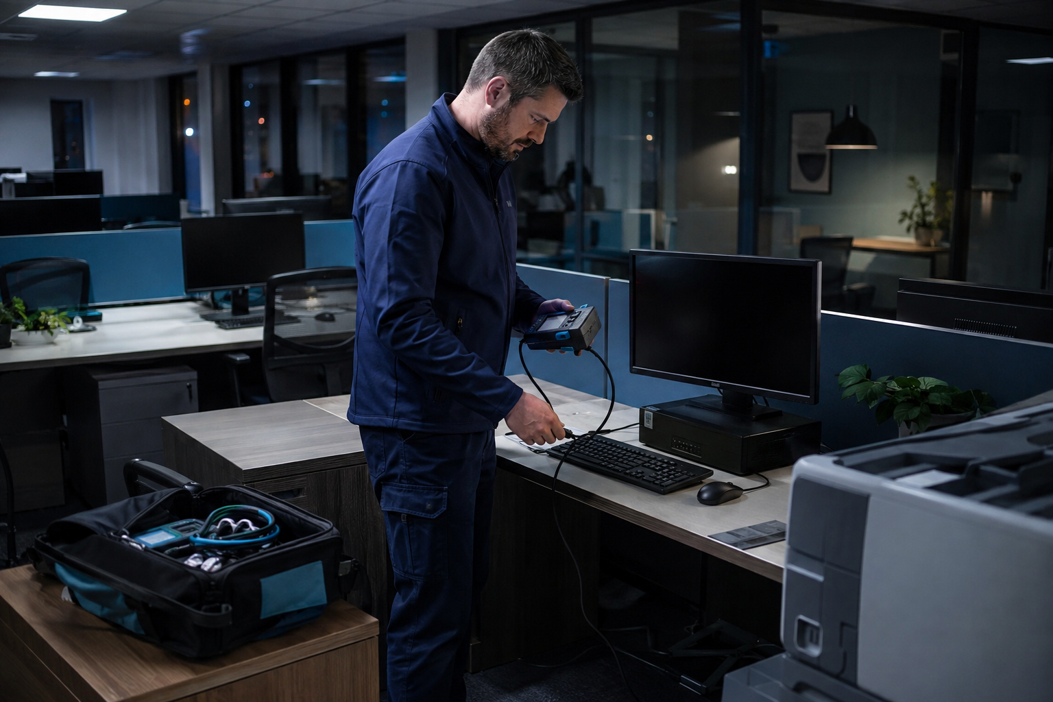 JF Electrical technician conducting PAT testing across workplace appliances